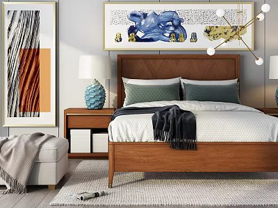 Modern Double Bed With Wooden Headboard Green Pillows Black Throw Blanket Nightstands And Blue Vase 3d model