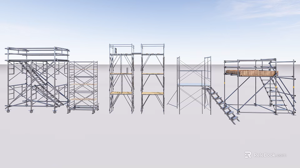 Various Types of Construction Scaffolding Structures with Stairs and Platforms 3d model 