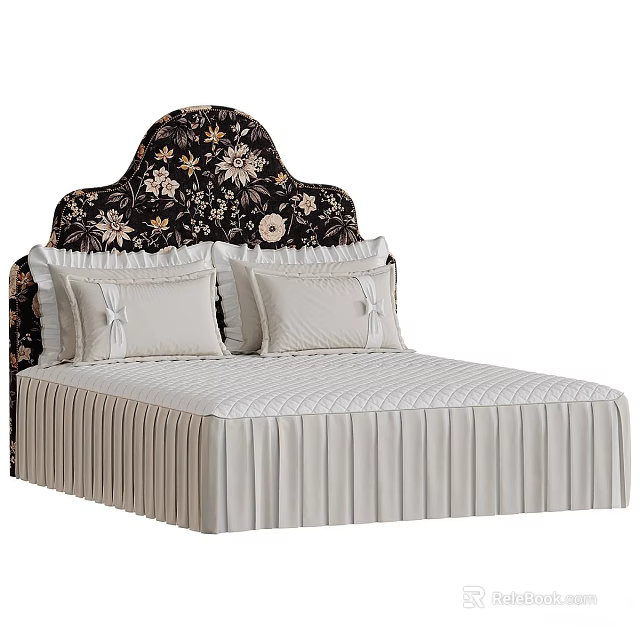 Retro Floral Upholstered Double Bed With Pleated Bed Skirt And Bow Decorated Soft Pillows 3d model 