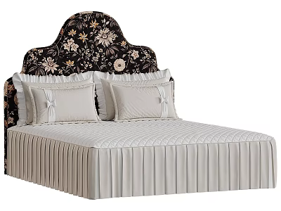 Retro Floral Upholstered Double Bed With Pleated Bed Skirt And Bow Decorated Soft Pillows 3d model