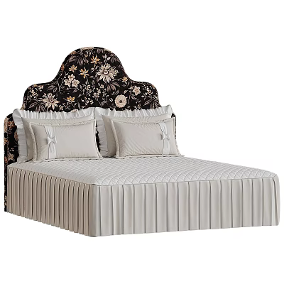 Retro Floral Upholstered Double Bed With Pleated Bed Skirt And Bow Decorated Soft Pillows 3d model