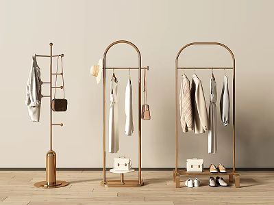Modern Metal Clothes Racks With Hanging Dresses Coats Bags And Shoes 3d model