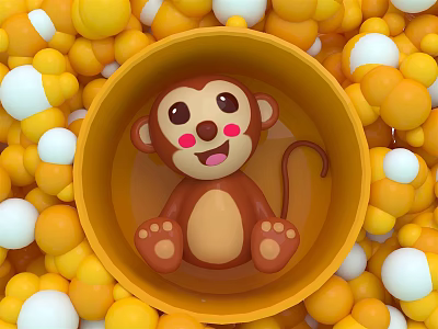 Cute Monkey Doll Decorative Ornament Set With Yellow Bowl And Colorful Balls 3d model