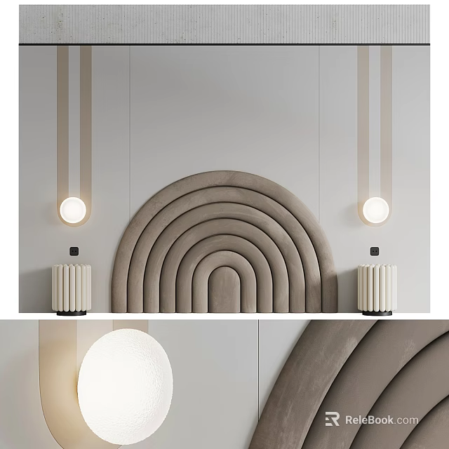 Modern Arched Upholstered Background Wall With Round Decorative Lights And Soft Tones 3d model