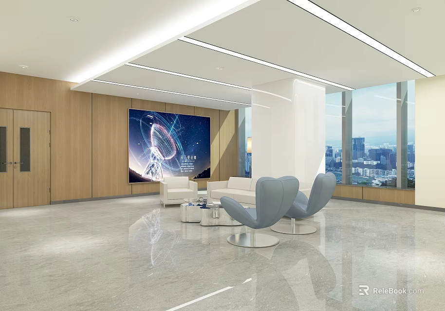 Modern Lobby Interior With Large Screen Display City View Windows And Comfortable Seating 3d model 