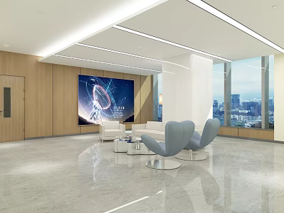 Modern Lobby Interior With Large Screen Display City View Windows And Comfortable Seating 3d model