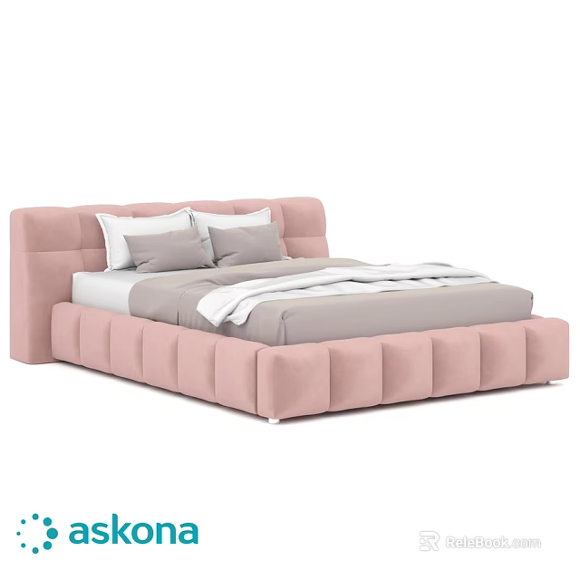 Pink Upholstered Double Bed With Gray White Bedding And Tufted Design 3d model 