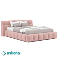 Pink Upholstered Double Bed With Gray White Bedding And Tufted Design
