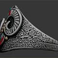 Ornate Silver Ring With Black Gemstone Blue Red Geometric Patterns And Detailed Engravings 3d model