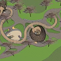 Children's Play Area With Cherry Blossom Trees Green Lawns Curved Pathways And Play Structures