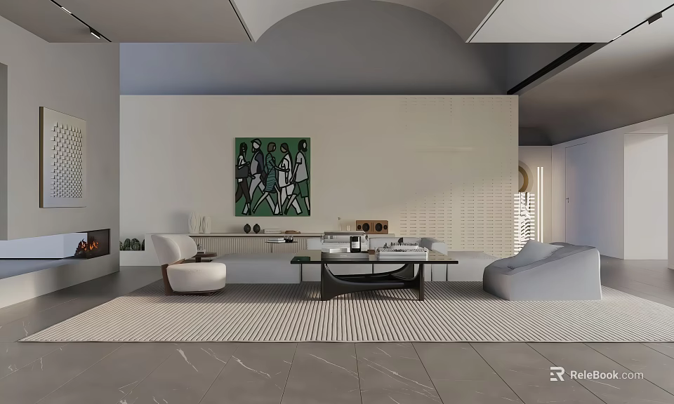 Modern Minimalist Living Room In Neutral Tones With Cozy Furniture Wall Art And Embedded Fireplace 3d model 