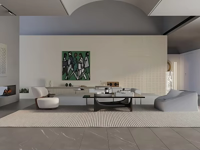 Modern Minimalist Living Room In Neutral Tones With Cozy Furniture Wall Art And Embedded Fireplace 3d model