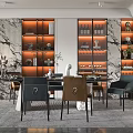 Elegant Modern Restaurant Interior With Dining Table Chairs And Illuminated Shelves 3d model