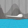 White Boat Shaped Sculpture With Reflection On Water Surface And Wavy Wooden Wall Background