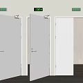 Interior View Of Three Open White Doors With Green Exit Signs Above