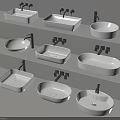 Various Shapes and Designs Washbasins with Black Faucets on Modern Display Shelves