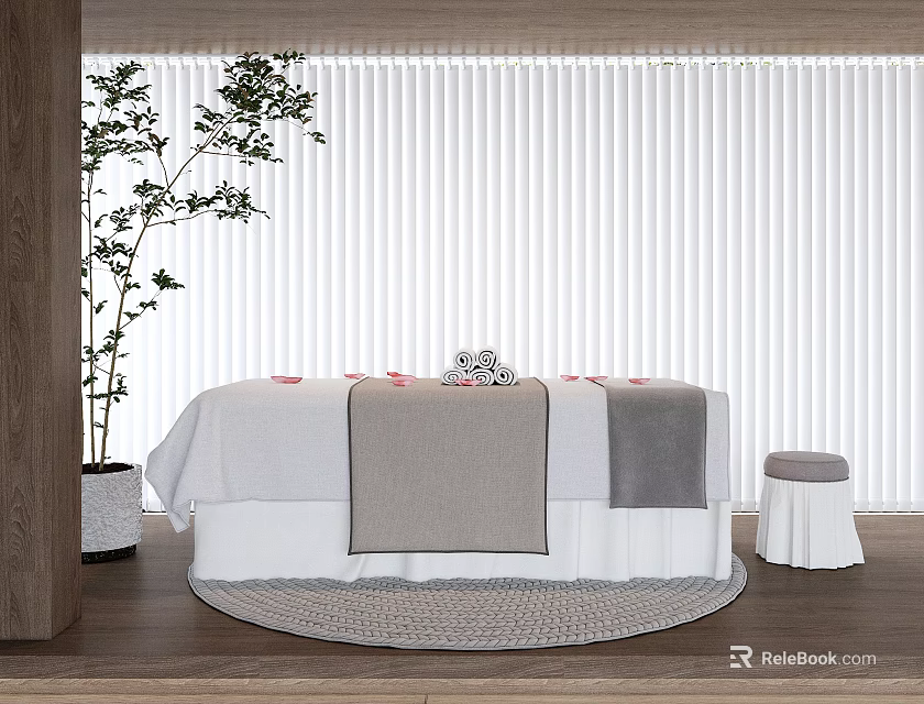 Serene Massage Bed with White Blinds Green Plant Small Stool and Soft Linen 3d model 