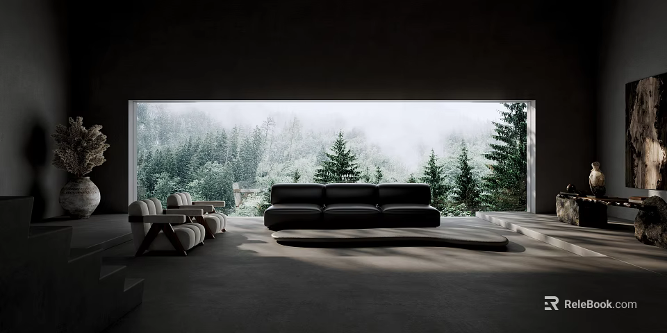 Modern Black Sofa Set With Armchairs And Misty Forest View Through Large Window 3d model