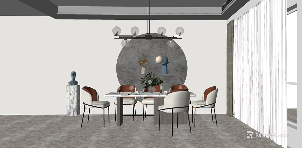 Modern Dining Table Set With White Brown Chairs Chandelier And Wall Decor 3d model