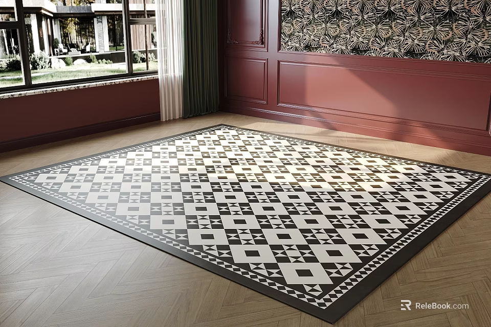 Square Black And White Geometric Pattern Carpet In Elegant Living Room 3d model 