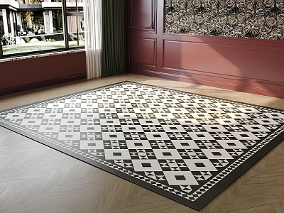 Square Black And White Geometric Pattern Carpet In Elegant Living Room 3d model
