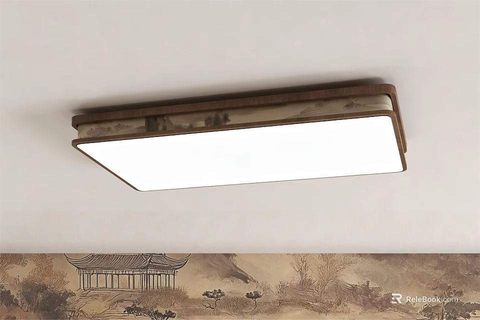 Chinese Style Rectangular Ceiling Light With White Shade Brown Frame And Traditional Landscape Painting 3d model