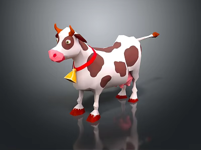 Cartoon Cow with Brown Spots Red Collar and Bell Standing on Dark Background 3d model