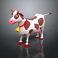 Cartoon Cow with Brown Spots Red Collar and Bell Standing on Dark Background