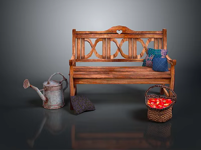 Wooden Garden Bench With Metal Watering Can Cushion And Apple Basket 3d model