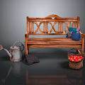 Wooden Garden Bench With Metal Watering Can Cushion And Apple Basket