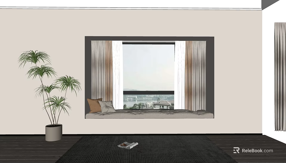 Cozy Bay Window with Pillows Potted Plant Magazine on Rug and Scenic View Outside 3d model 