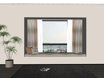 Cozy Bay Window with Pillows Potted Plant Magazine on Rug and Scenic View Outside 3d model