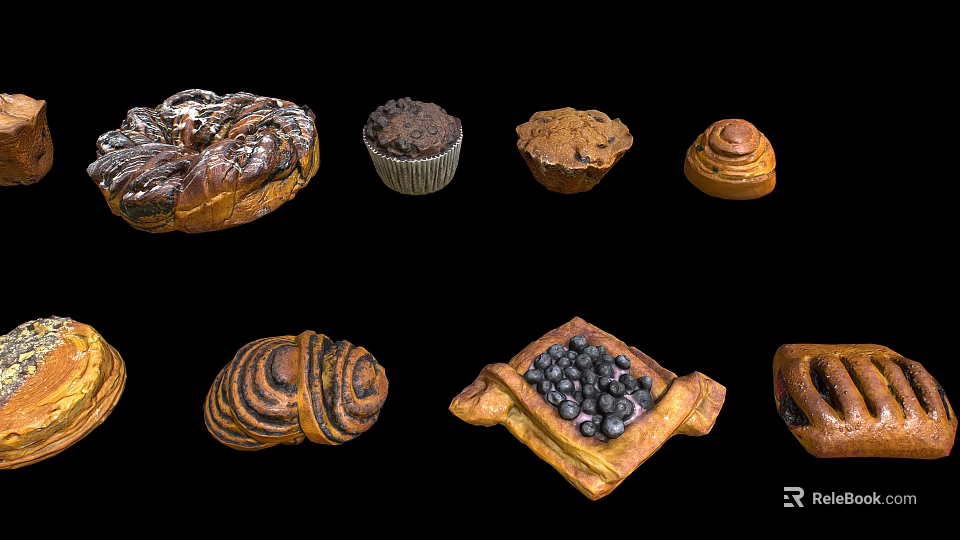 Assorted Freshly Baked Pastries With Cinnamon Rolls Muffins Tarts And Blueberry Rolls 3d model 