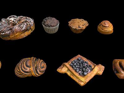 Assorted Freshly Baked Pastries With Cinnamon Rolls Muffins Tarts And Blueberry Rolls 3d model
