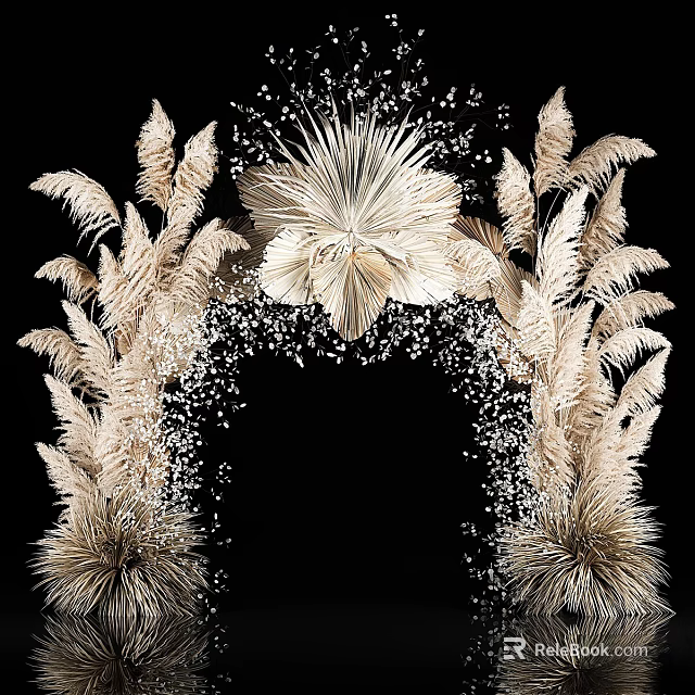 Golden Feather Like Flower Ornamental Decor Set With Small Particle Embellishments On Black Background 3d model 