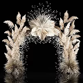Golden Feather Like Flower Ornamental Decor Set With Small Particle Embellishments On Black Background