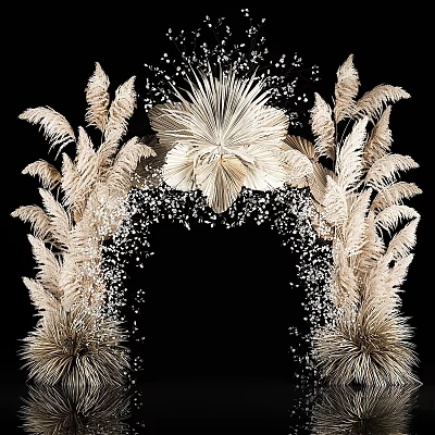 Golden Feather Like Flower Ornamental Decor Set With Small Particle Embellishments On Black Background 3d model