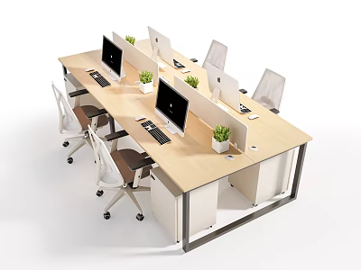 Modern Office Desk And Chair Set With Wooden Table Ergonomic Chairs And Computer Monitors 3d model