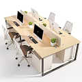 Modern Office Desk And Chair Set With Wooden Table Ergonomic Chairs And Computer Monitors