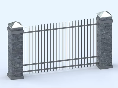 Building Exterior Wall Featuring Black Metal Fence Gray Stone Pillars And White Top Accents 3d model