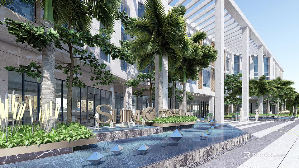 Modern Hotel Building with Palm Trees Water Fountain Glass Facade and White Pergola Landscaping 3d model 