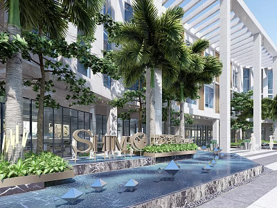 Modern Hotel Building with Palm Trees Water Fountain Glass Facade and White Pergola Landscaping 3d model