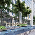 Modern Hotel Building with Palm Trees Water Fountain Glass Facade and White Pergola Landscaping