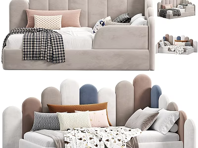 Colorful Children's Bed With Soft Fabric Headboard Multiple Pillows And Cozy Blanket 3d model