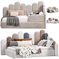 Colorful Children's Bed With Soft Fabric Headboard Multiple Pillows And Cozy Blanket