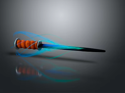 Fantasy Dagger with Orange Wrapped Grip and Blue Dynamic Light Trails on Reflective Surface 3d model
