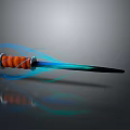Fantasy Dagger with Orange Wrapped Grip and Blue Dynamic Light Trails on Reflective Surface