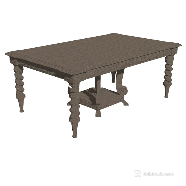 Rectangular Wooden Dining Table With Spiral Carved Legs And Lower Shelf 3d model