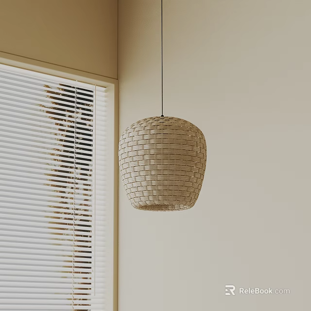 Woven Beige Pendant Light in Minimalist Interior with Natural Light through Window Blinds 3d model 