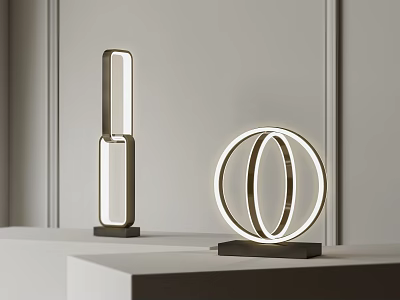 Sleek Modern Table Lamps Featuring Rectangular and Circular Design with Glowing Light on Minimalist Table 3d model
